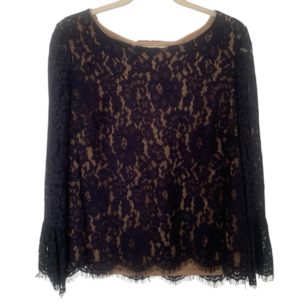 NWT Rose + Olive Small Deep Navy & Nude Lace Open Eyelash Sleeve Feminine Top